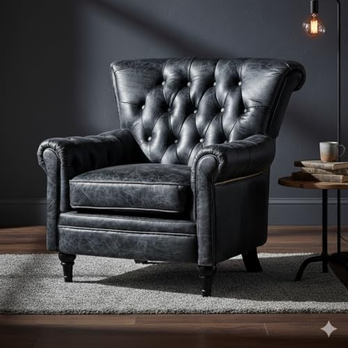 Phoenixarts Vintage Echtleder Chesterfield Ledersessel Schwarz Design Lounge Ohrensessel Leder Club Sessel 649