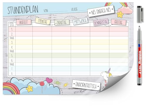 younikat Stundenplan abwischbar selbstklebend Einhorn Nö - DIN A4 - dv545 | wiederbeschreibbar, Digitaldruck, Whiteboard-Oberfläche, selbstklebende Rückseite, zum Schulanfang, inkl. Stift
