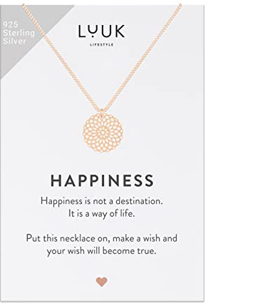 LUUK LIFESTYLE Halsband i 925 Sterling Silver med mandalablommahänge och ett inspirerande HAPPINESS-kort, lyckoamulett, vänskapsgåva, damsmycken, rosé