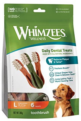 WHIMZEES Zahnbürste, Kaustangen für große Hunde, Hundesnack zur Zahnpflege, Größe L, 6 Stück, ohne Zuckerzusatz, getreidefrei, natürlich, fettarm