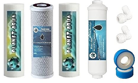 Planet Aqua Osmose Ersatzfilter SET 10 Zoll inkl. Zubehör für Inline Nachfilter. Aktivkohle + Sediment Filterkartuschen Filterpatronen für Umkehrosmose Osmoseanlage Wasserfilter Filter