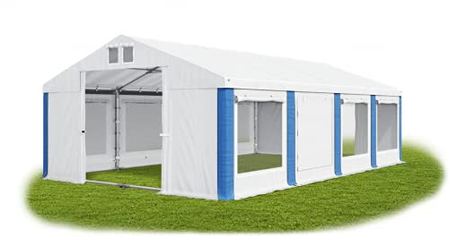 Das Company Partyzelt 4x8m Lagerzelt Universalzelt Pavillon mit Moskitonetz weiß-blau mit Bodenrahmen und Dachverstärkung 560g/m² PVC Plane wasserdicht Robust Festzelt Gartenzelt Summer Plus ISDM