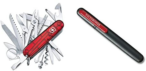 Victorinox, Taschenmesser, Swiss Champ, 91 mm, rot transparent (33 Funktionen, Klinge, Korkenzieher, Mini-Schraubendreher 1.5 mm, Klinge) & Dual-Messerschärfer, schwarz