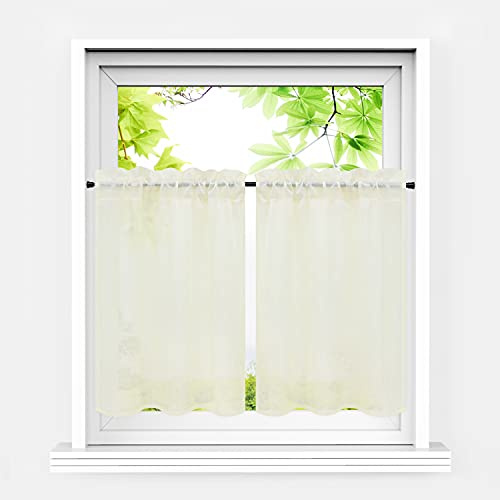 HeichkelL Scheibengardinen 2er Set Kurzstores, Creme BxH 76x92 cm*2 | Landhausstil Halbtransparente Bistrogardine, Leinenoptik Kleinfenster Gardinen Küche