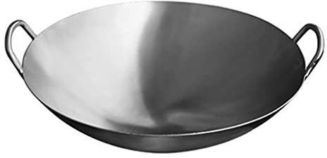 GXDHOME Wok Professionale in Acciaio Inossidabile Spesso a Doppio Orecchio Non Rivestito con Cucchiaio per friggere in Acciaio Inossidabile Conduzione Rapida del Calore per fornello a Gas,40cm