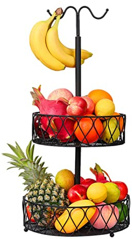Luckxing 2 Stöckig Obstkorb Mit Bananenhalter, Obstschale Gemüsekorb Aus Metall, Zeitgemäße Obstschale Gemüsekorb Stehend Täglicher Küche Lagerung Früchtekorb (Schwarz)