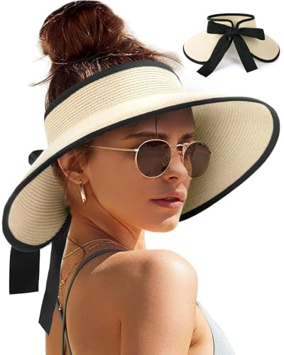Camptrace Sun Visors for Women Wide Brim Beach Hat Foldable Straw Visor Hat Ponytail Summer Packable UPF 50+ Beige