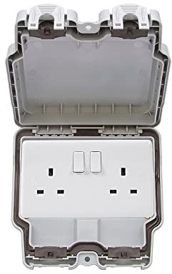 Lieber Silk White 2 Gang Outdoor Weatherproof Power Socket 13Amp Double Pole Switch Outdoor Socket IP66 Rated Wall Electrical Outlet | Hard Standing All Weather and Storm Proof