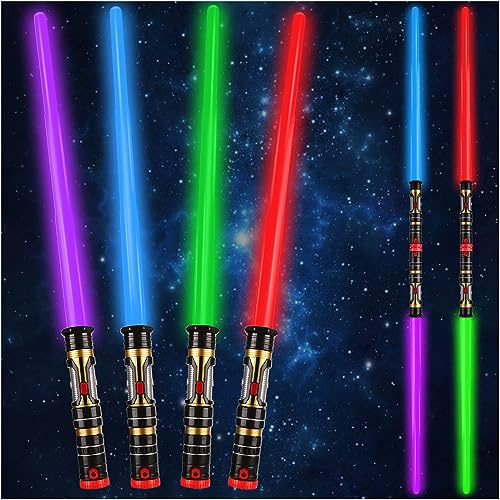 4 Pack 4 Colors Light up Sword Retractable Saber with FX Sound, Double Bladed Saber Gift Set for Kid, Expandable LED toy for Child Adult Space Galaxy War Fighter, Halloween Cosplay Party, Xmas Favors