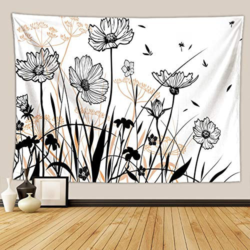 KBEAZY Floral Plant Tapestry Abstract Sketch Black and White Chrysanthemum Wild Flowers Tapestry Nature Scenery Tapestry, Hanging Home Decoration Tapestry for Bedroom Living Room, 59.1x51.2 inch