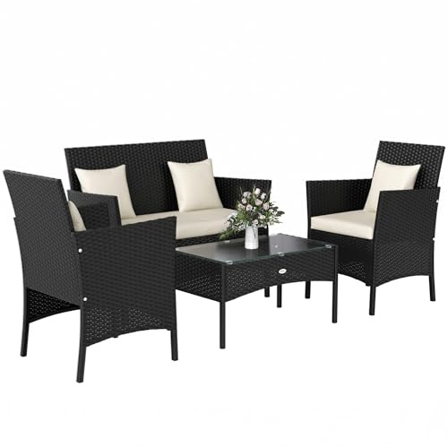 Outsunny Set da Giardino 4 Pezzi in Rattan con 2 Sedie, Poltrona da Giardino a 2 Posti e Tavolino Basso da Caffè, Nero e Crema