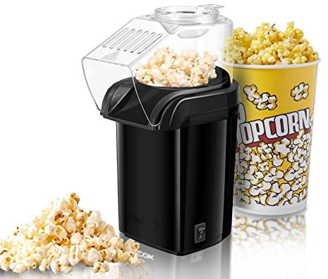Máquina de palomitas eléctrica de 1200W con máquina de palomitas con circulación de aire caliente lista para hacer palomitas estilo teatro frescas, sanas y sin grasa(Negro)