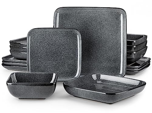 vancasso Stern Gray Dinnerware Set Square Reactive Glaze Tableware 16 Pieces Kitchen Dinnerware Stoneware Crockery Set with Dinner Plate, Dessert Plate, Bowl and Soup Plate Service for 4