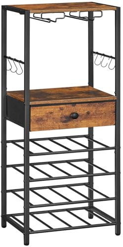 HOOBRO Étagère à Vin sur Table, Étagėre de Rangement 6 Niveaux avec Tiroir, Étagėre de Bar pour 16 Bouteilles, avec Porte-Verres et Porte-Bouteilles, et Crochets, Marron Rustique et Noir EBF10JJ01