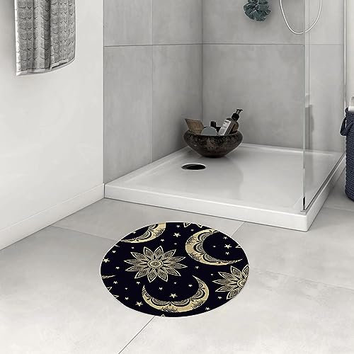 DHAEY Badezimmerteppich rutschfest Vintage Mond Sonne und Sterne Boho Chic klein geometrisch Waschbar Teppich rund Weich Flauschig Badteppich Weich Kurzflor Mikrofaser Badvorleger 60 cm