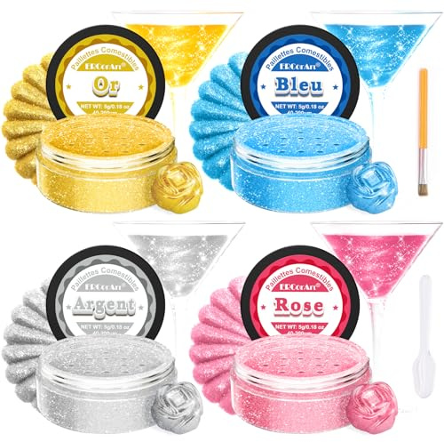 Paillettes Comestibles - Colorant Alimentaire Poudre 4 Couleurs, Paillette Alimentaire pour Decoration Gateau, Cocktail, Vodka, Fondant, Comestible, Sans Odeur, Végétalien, Sans Gluten - 5 g