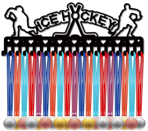CREATCABIN Eishockey-Medaillenaufhänger,Medaillenhalter,Präsentationsständer,Sport-Metallaufhängung,Auszeichnungen,Eisenhalterung,Dekor Mit 20 Haken Für Tänzer,Fußball,Gymnastik,Schwarz,40x14.9cm