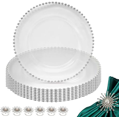 WedDecor Set of 6 Charger Plates and Napkin Rings, Centerpiece Clear Glass with Beads Plates and Pearl with Diamante Napkin Rings for Party Dinner Table Decoration Events, Silver