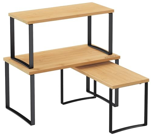 SONGMICS Gewürzregal, 3er Set Küchen-Organizer, Küchenregal, stapelbar, erweiterbar, Metall und Holzwerkstoff, tintenschwarz-naturbeige KCS014B01