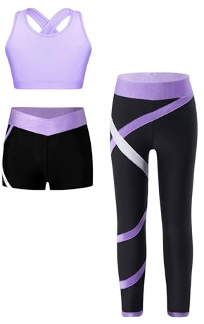 YEAHDOR 3-Set Completo Sportivo Bambina Tuta Ginnastica Artistica Crop Top Reggiseno Sportivo + Pantaloni da Jogging Leggings Sportivi + Pantaloncini Sportwear A Lanvanda 11-12 anni
