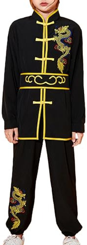 iiniim Kinder Kung Fu Uniform Jungen Mädchen Tai Chi Anzug Drache Stickerei Langarm Tops mit Hose Traditionelle Chinesische Kampfkunst Anzug Schwarz 170-176
