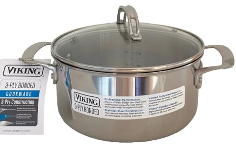Viking 4 Qt. 3-Ply 18/8 Stainless Steel Stock Pot w/Glass Lid, Soup Pot (40011-3004B) Gas/Electric/Oven SAFE 9 Dia. x 4 inch Depth