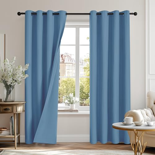 Deconovo Total Blackout Curtains Microfiber Fabric Double-sided Thermal Insulated Ring Top Curtains for Bedroom, Living Room Blue W52 x L90 inch, 2 Panels