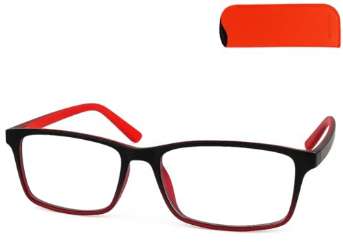 Mini Brille Flex Lesebrille rechteckig Größe L und XL Schwarz-Rot mit Etui | L mit 35 mm Glashöhe und 24 g; XL mit 39 mm und 26 g – beide 140 mm breit, mit flexiblen Bügeln und Etui.