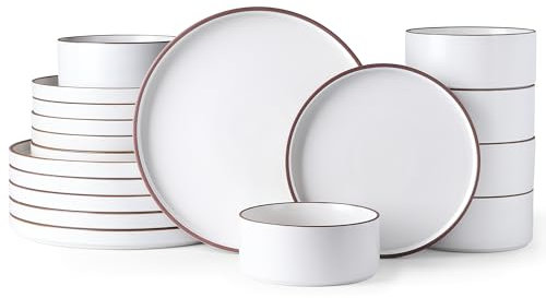 LeRatio Juego de vajilla para 6 personas, juego de platos y cuencos de cerámica de 18 piezas, resistente a los golpes y a los arañazos, juego de vajilla apto para horno y lavavajillas y microondas