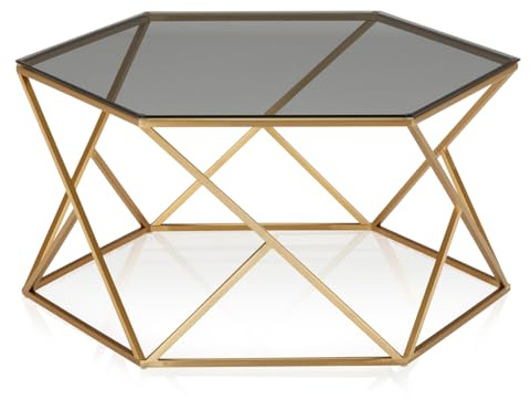 KHG Couchtisch Gold, geometrisches Gestell aus Metall in Gold, eckige Glas-Tischplatte schwarz, Sofatisch fürs Wohnzimmer, 20 kg belastbar, 80x70x39 cm