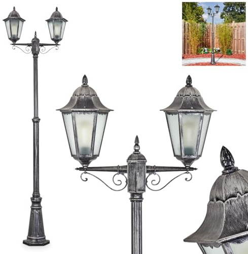 HOFSTEIN Kandelaber Lignac, Außenwegeleuchte aus Metall/Glas in Schwarz/Silber/Milchglas, verstellbare Wegeleuchte im Vintage/Antik/Landhaus-Design für Garten, Außenbereich, Hof, 230 cm, 2 x E27, IP44