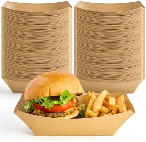 ZORRITA 4 LB Large Paper Food Trays, 100 Pack Disposable Nacho Trays Kraft Paper Food Boats Party Serving Baskets for Nachos Sandwiches Burgers Popcorns Salads Snacks
