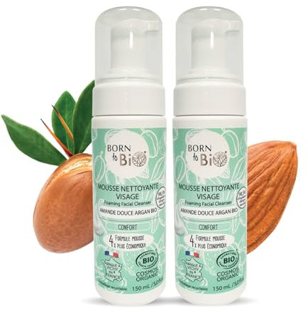 BORN TO BIO Schiuma detergente viso Bio per pelli miste, confezione da 2 x 150 ml: comfort, mandorla dolce argan, pulizia morbida ed efficace, comfort, consistenza ultra leggera, certificata biologica