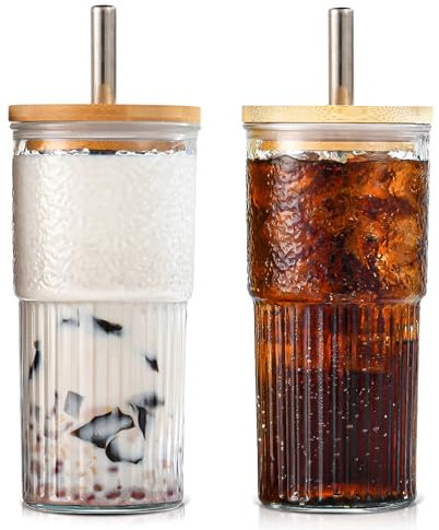 sweet grain Bubble Tea Becher 2 Stück 600ml Geriffelte Gläser mit Deckel, Eiskaffee Gläser, Boba-Becher Reiseflasche, Glasbecher Trinkglas