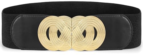 Waist Wow Breiter Elastischer Taillengürtel Stretchgürtel Damen Breit für Kleid mit Modischer Goldener Schnalle, Rein Schwarz, S