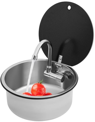 Donened - Kit d'évier de camping, évier d'extérieur rond avec robinet pour caravane, caravane Airstream, camping-car, caravane Airstream, en acier inoxydable, 34 x 15 cm