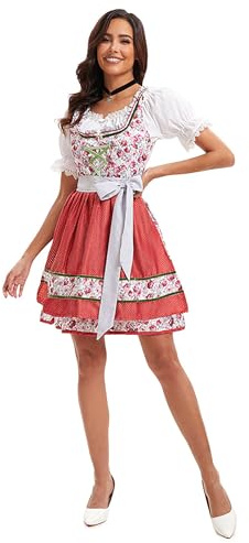 Velcoxplay Dirndl, dam, traditionell midiklänning för kvinnor, dirndl-klänning med spets inkl. Dirndl-blus och Dirndl-förkläde, 3 delar för Oktoberfest, karneval, röd, XL