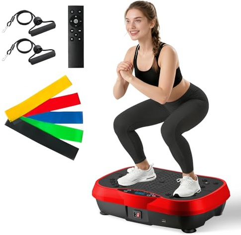 ALSO GO Vibration Plate Exercise Machine, 10 Modes & 200-Level Vibration Platform for Weight Loss/Lymphatic Drainage, 400lbs Vibration Board with Music and Resistance Bands for Full Body Workout, Red