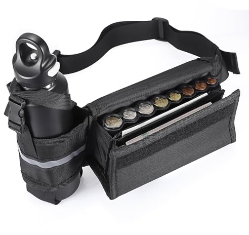 OGANAZI Geldbörse mit Münzspender Bauchtasche mit Flaschenhalter Gürteltasche für Damen und Herren Schwarz Kellnertasche Outdoor Hüfttaschen Verstellbarer Gürtel, 8 Fächer für Münzen (nur Tasche)