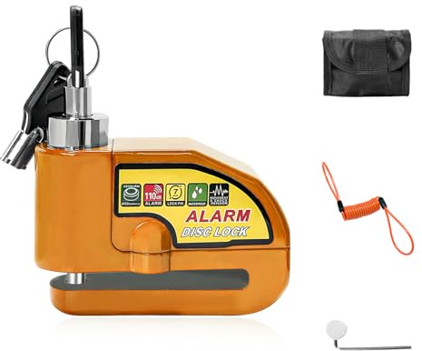 MTRPS Alarm Disc Lock Set, 110dB Alarm Sound Anti-Theft Security Brake Padlock with 5ft Reminder Cable, Waterproof Battery Powered Disc Brake Lock for Motorcycle Bicycle Scooter (Orange)