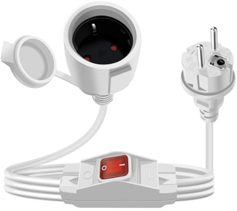 YINGAYOU Schuko Verlängerungskabel mit Schalter 16 A 250 V Schuko Kabel mit Schalter 2 AC für Steckdose IP44 für Außen Oder Innenbereich, Zuhause, Büro (Weiß, 1.5 m)