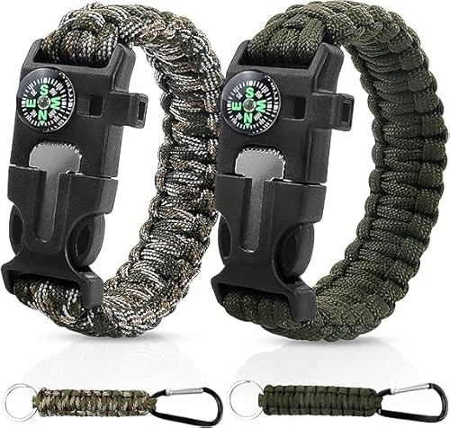 JNZLT Lot de 2 bracelets de survie 5 en 1 en paracorde avec 2 mousquetons et boussole intégrée, allume-feu, couteau d'urgence et sifflet