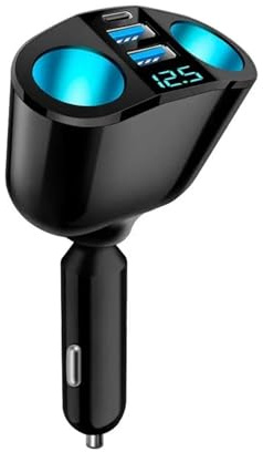 Sdoppiatore per presa accendisigari da auto, 12 V-24 V, adattatore di alimentazione PD QC3.0, ricarica rapida, doppia USB, con display di tensione (C)