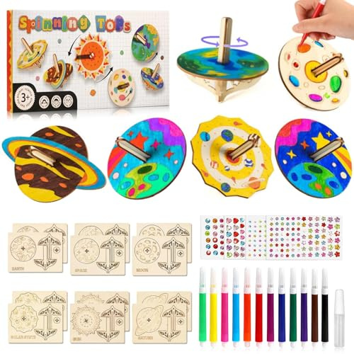 Kit Toupies en Bois pour Enfants, 12 Pièces Toupie en Bois Kits, Toupies Jouets en boi De Loisir Creatif Enfant, Jouet Créatif en BOI pour Garçons et Filles 4-12 Ans