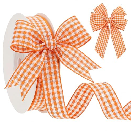 Xuniea Schleifenband Orange Weiß 16 mm x 27 m Kariert | Gingham-Karoband für Geschenkverpackung, Ostern, Herbstdeko, Erntedank, Hochzeit und Tischdeko