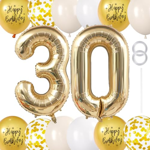 GoldRock 17 Stück XXL Luftballons 30 Geburtstag Deko Set, 30 Geburtstag Frauen Männer Deco, Deko 30 Geburtstage Frau Mann, 40 Zoll Zahlen 30 Luftballon+Happy Birthday Ballons, Geburtstagsdeko 30 Jahre