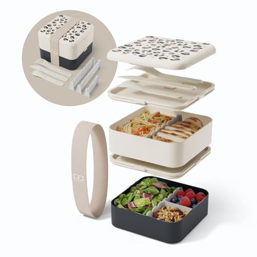 monbento - Lunch Box Adulte Flex Graphic Leopard - Boite Repas 1 L 2 Étages Modulable - Bento Compartimenté avec Couverts Inclus - Hermétique & sans BPA - Idéal pour Meal Prep/Bureau