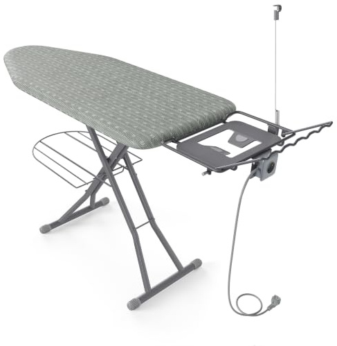 SONGMICS Bügelbrett mit Steckdose und Ablage, Bügelfläche 135 x 48 cm | Höhenverstellbar, für Dampfbügeleisen, Taubengrau, BORIX Kollektion LLB024G101
