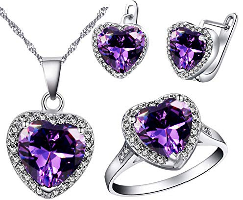 Uloveido Hjärthänge halsband örhängen och ringar set för flickor vitguldpläterade jubileumssmycken set för kvinnor T481, R1/2(59.5mm), Kristall, Kubisk zirkonia