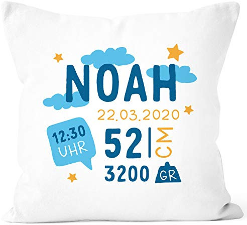 SpecialMe® personalisierbare Kissen-Hülle zur Geburt mit Wolken Sternen Geburtskissen Namenskissen Geschenk Geburt Baby Jungen weiß Unisize